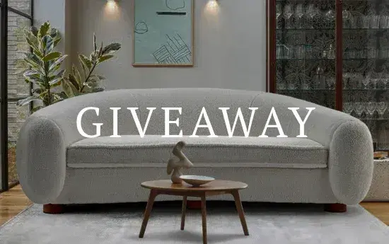 Sohnne gray sofa with 'GIVEAWAY' text overlay, promoting affiliate-hosted events