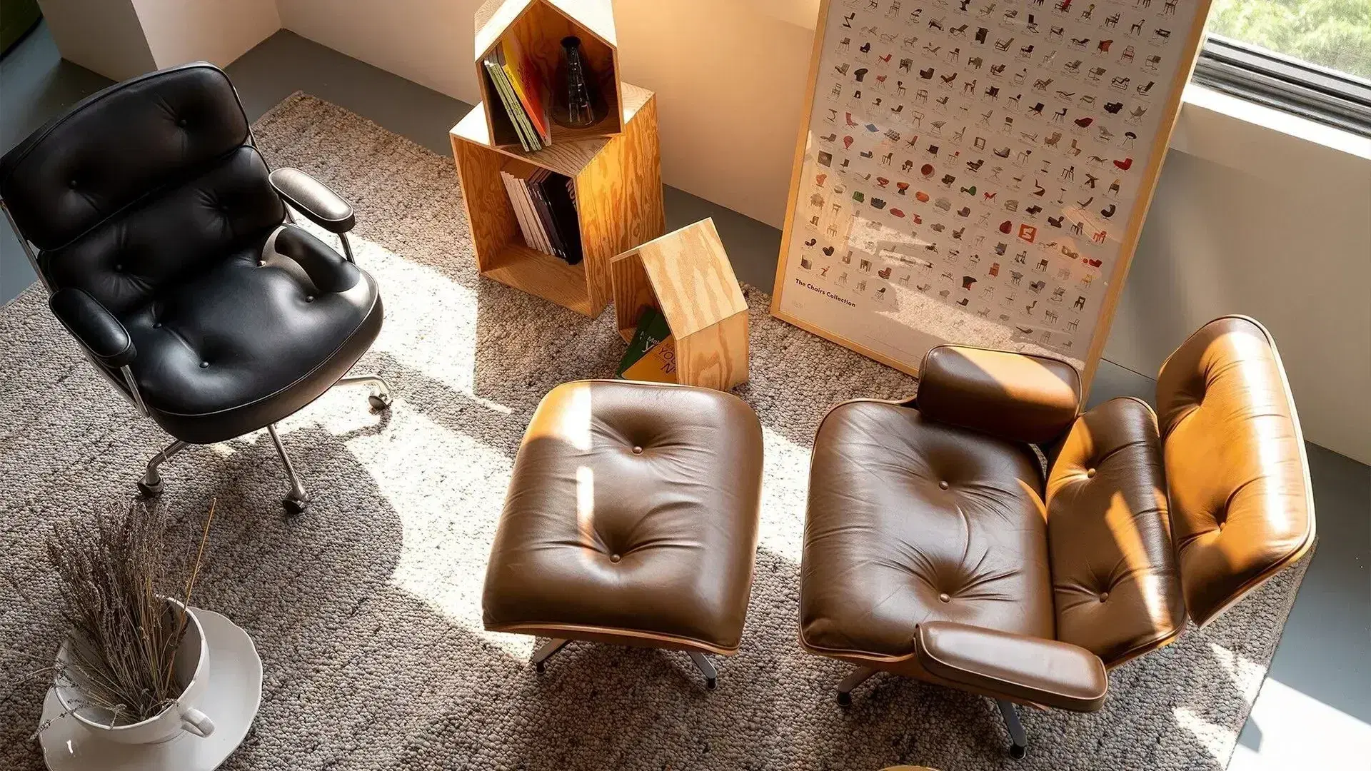 An office featuring Eames' Time-Life chair and Lounge Chair and Ottoman