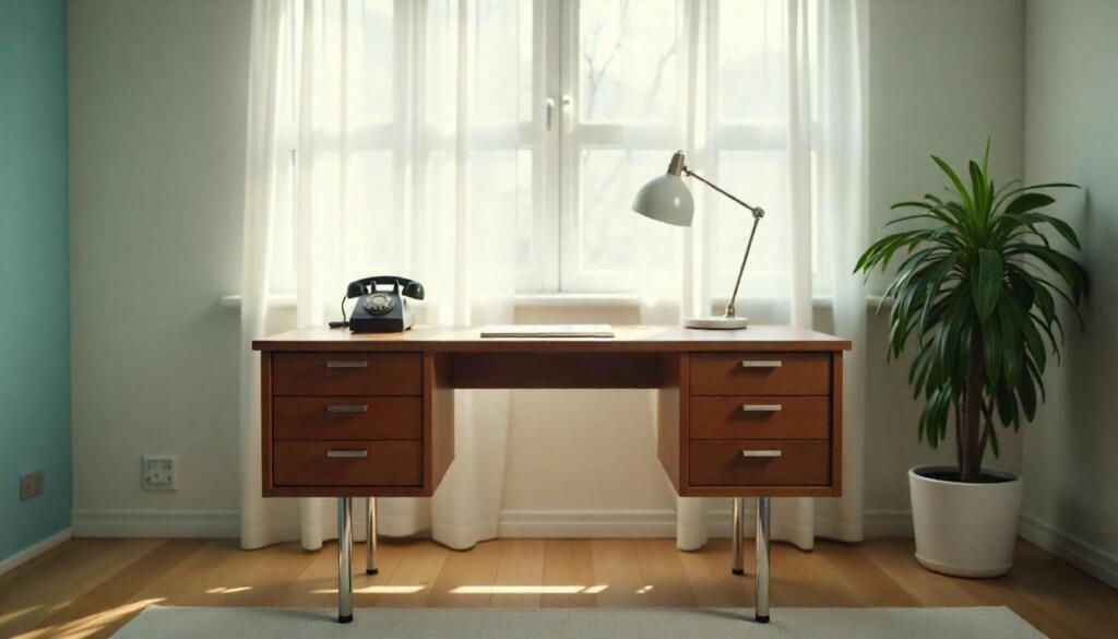 close-up mid century modern office desk